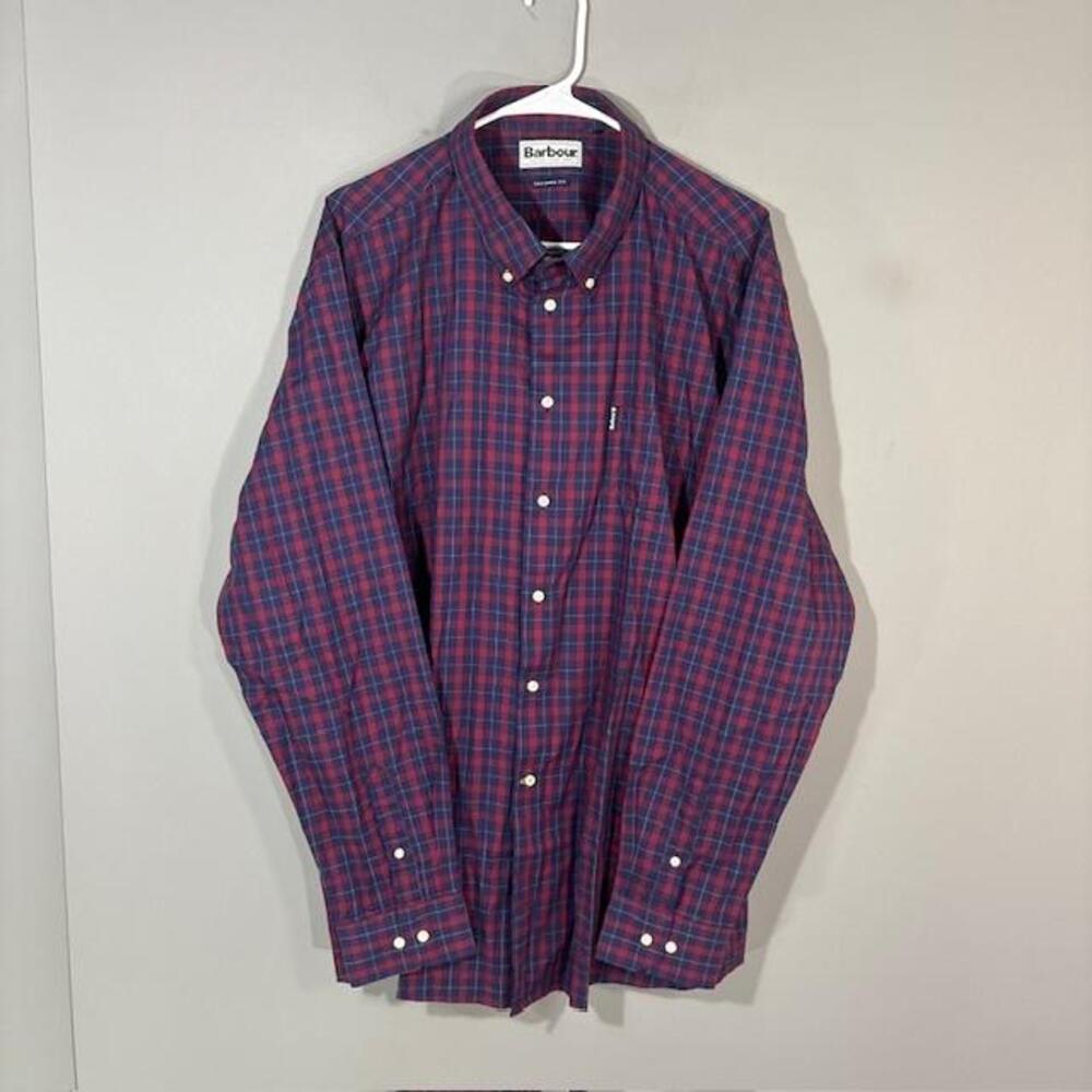 Barbour Shirt Mens 2XL Blue Red Plaid Long Sleeve Button Up Tailored Fit Casual